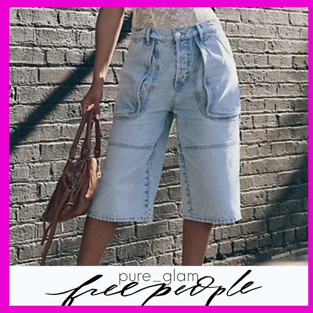 Free People Light Wash Denim Bermuda Shorts - Light Blue